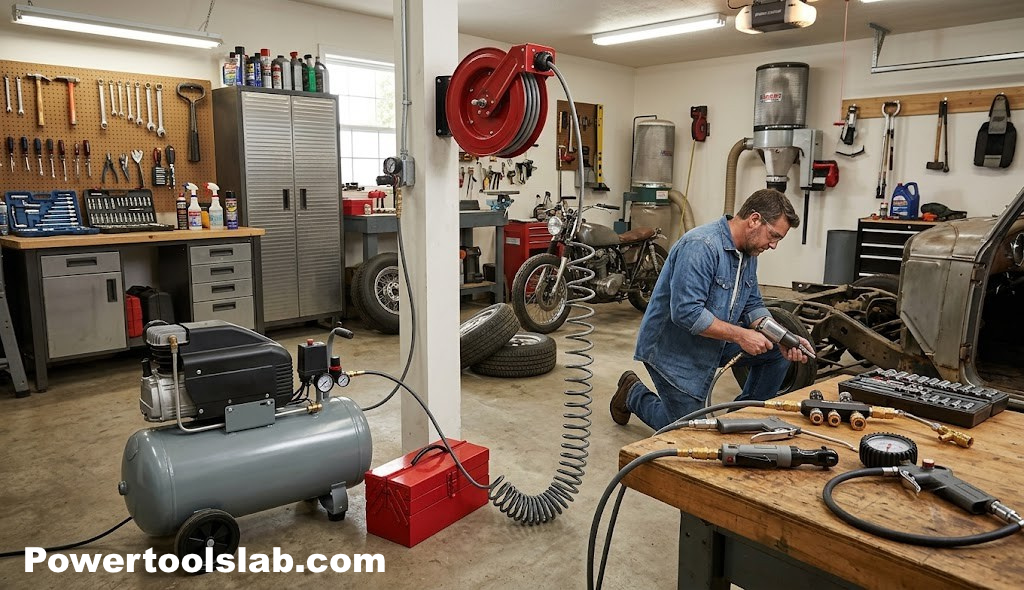 Air compressor connected to hose reel and air tools in a home garage workshop