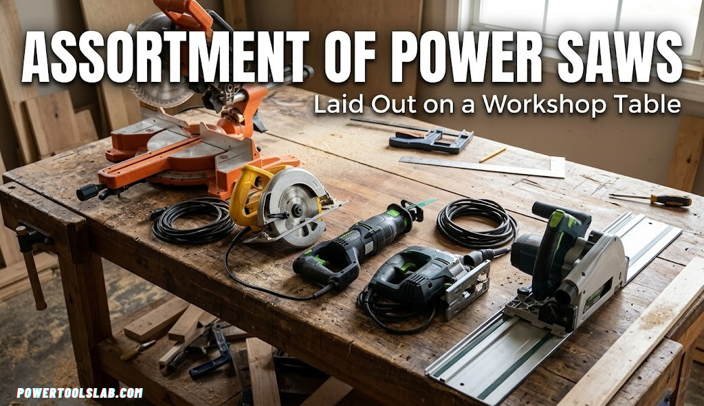 Assortment of power saws laid out on a workshop table