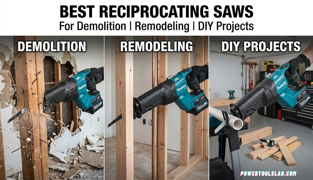 Cordless reciprocating saw cutting through lumber on a job site