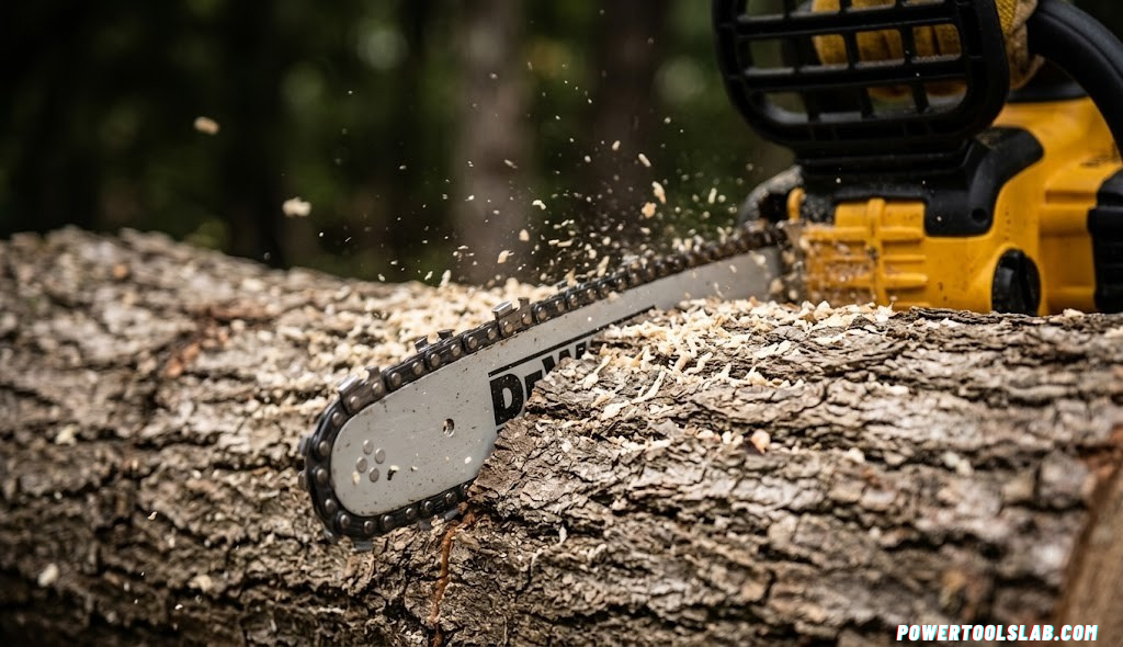 Close-up of a chainsaw blade cutting through a wood log