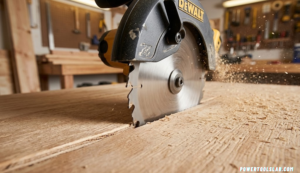 Close up of a circular saw blade cutting through plywood
