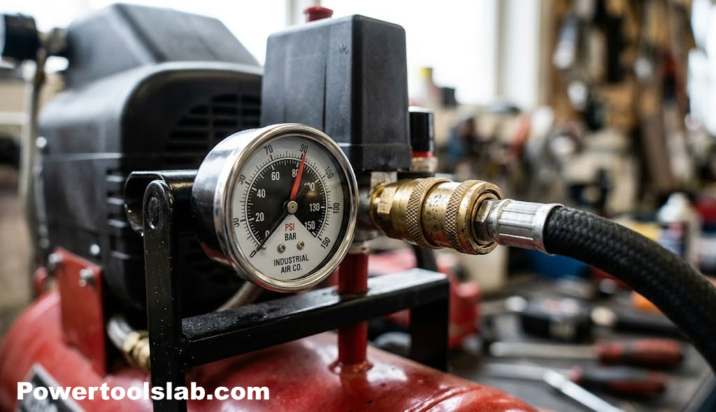 Close-up of an air compressor pressure gauge and hose fitting
