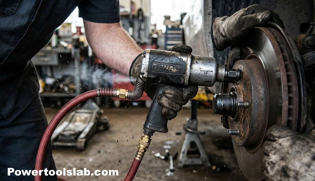 Close-up of compressed air being used with a pneumatic tool in a workshop