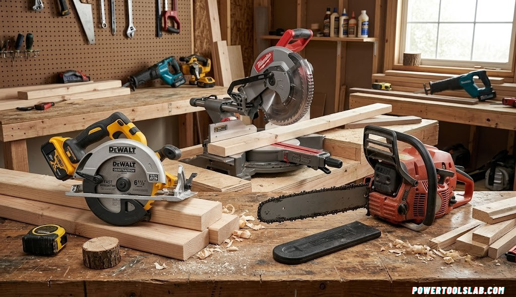 Power saw and chainsaw side by side on a workbench