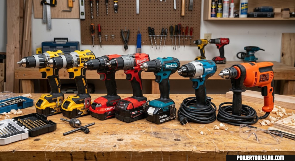 Assortment of the best cordless and corded drills lined up on a workbench