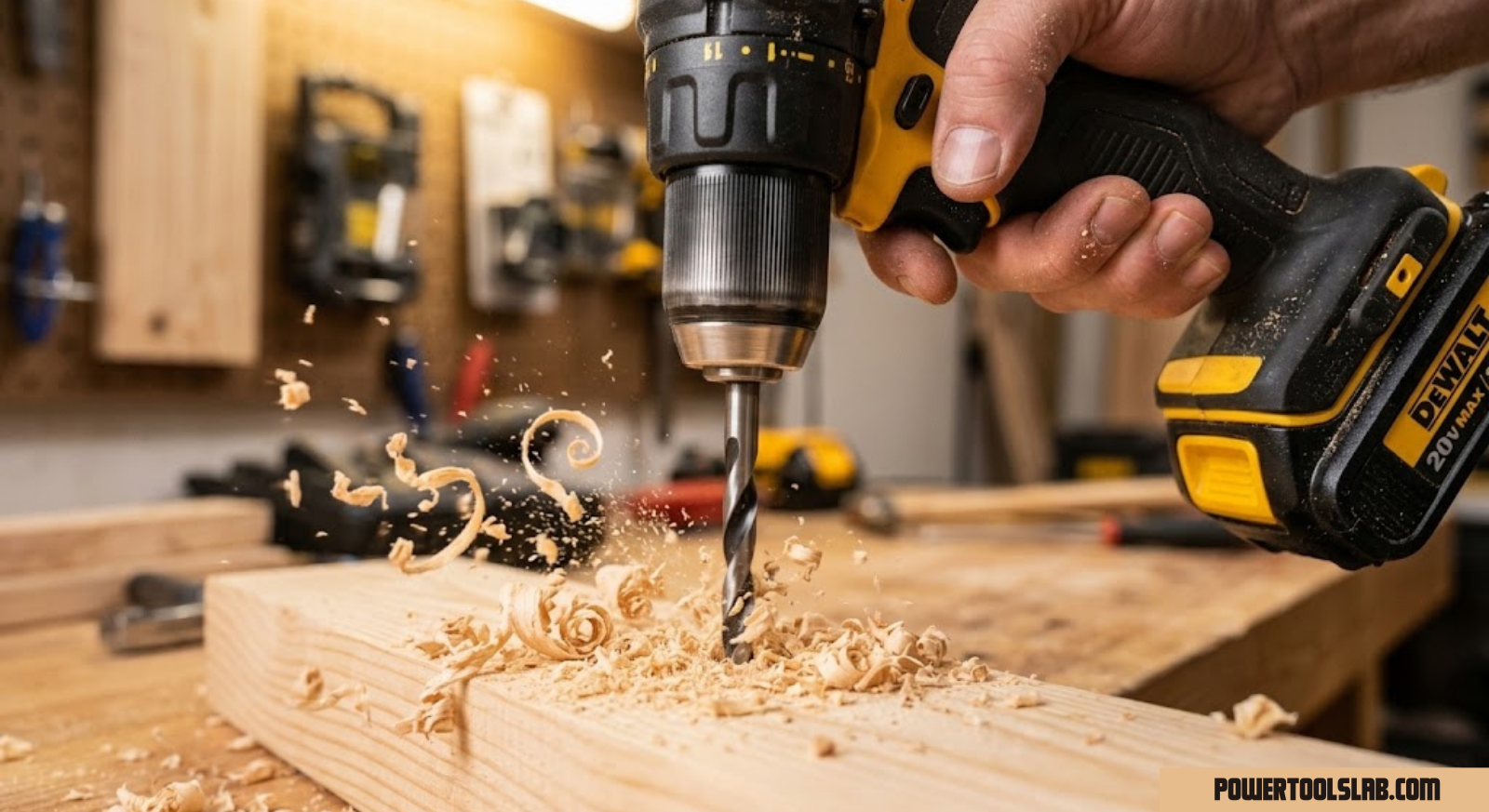 Close up of a cordless drill drilling into wood with wood shavings visible