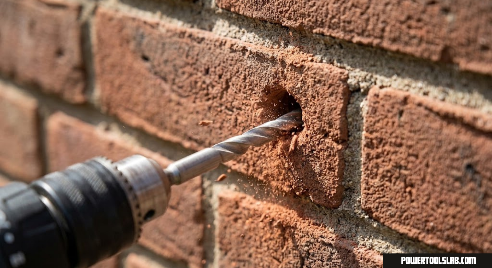 Close up of a drill bit boring into a brick wall