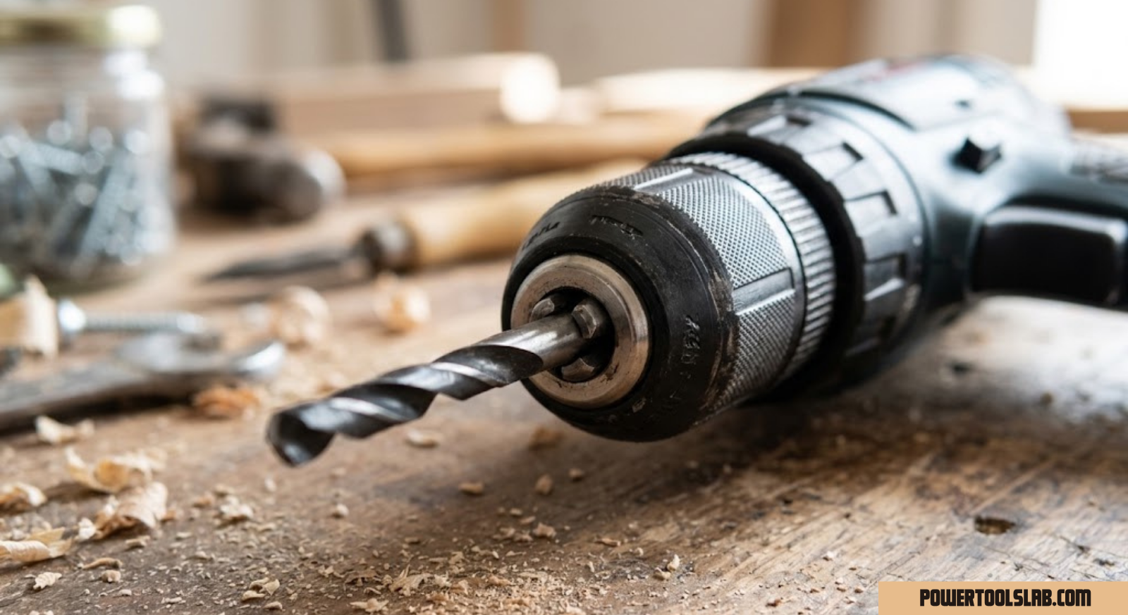 Close-up of a drill chuck holding a twist bit