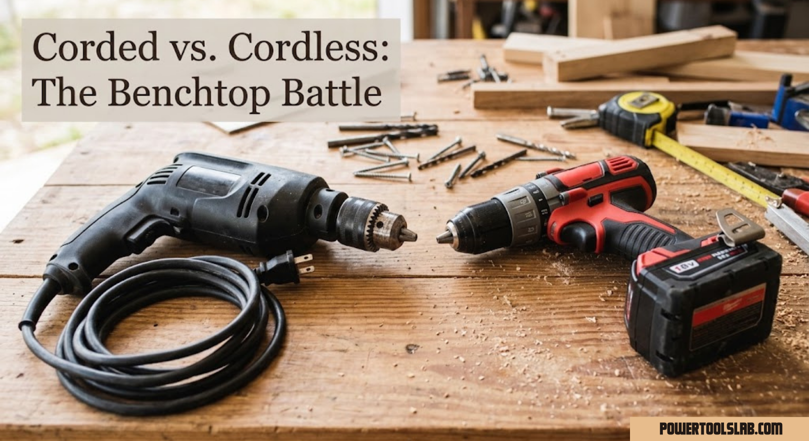 Corded and cordless drill side by side on a workbench