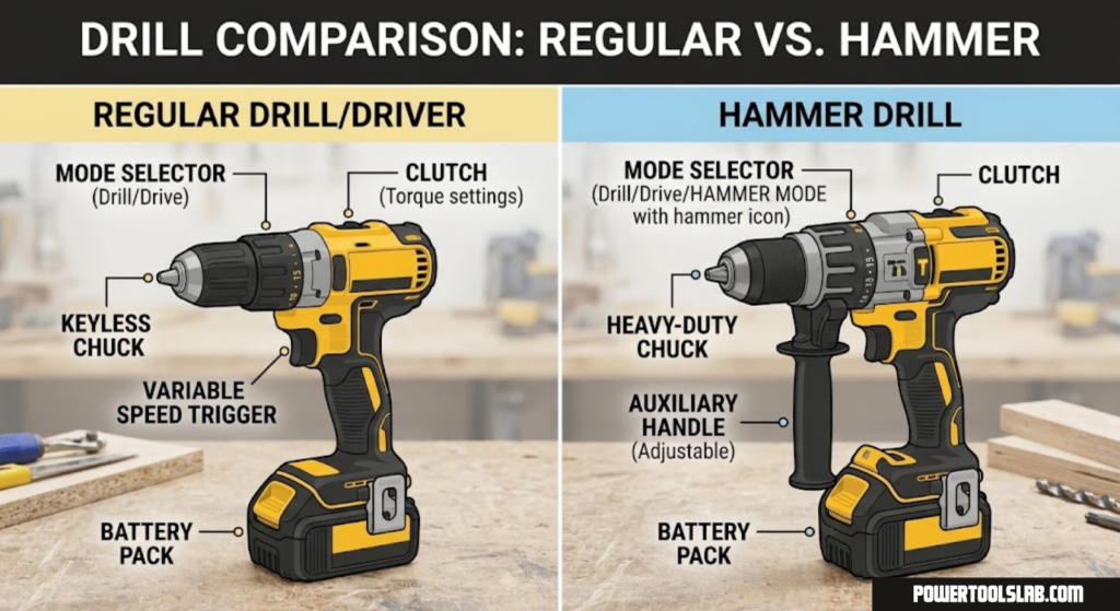 Hammer drill and regular drill side by side