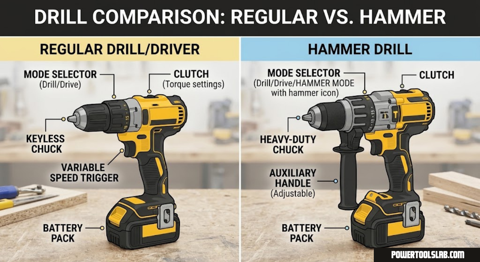 Hammer drill and regular drill side by side on a workbench