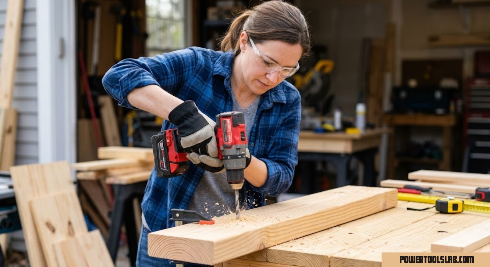Person drilling into wood with a cordless power drill
