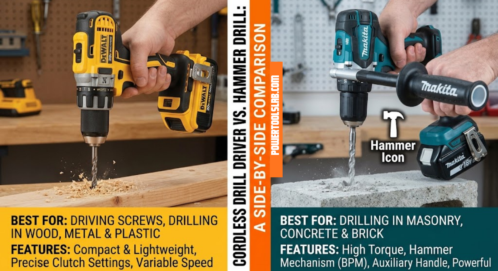 Side by side comparison of cordless drill drivers and hammer drills