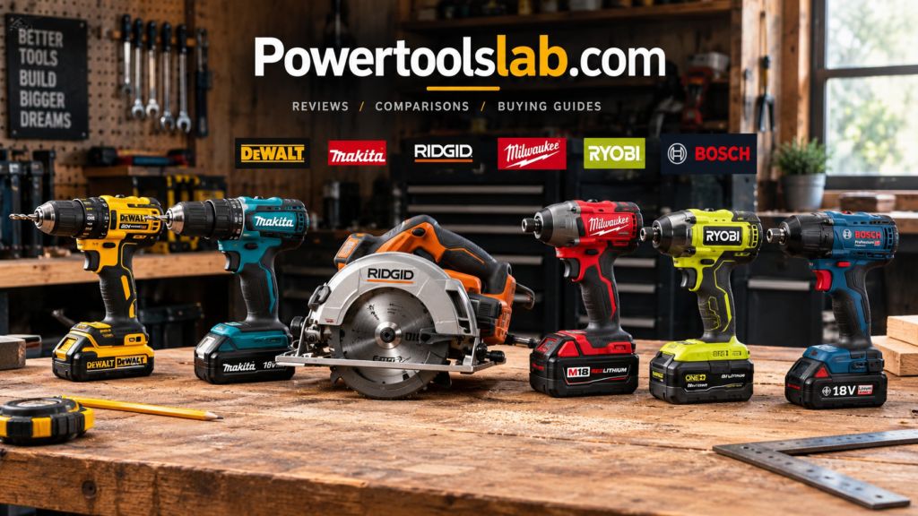 A lineup of cordless drills, circular saws and impact drivers from the best power tool brands on a workshop bench