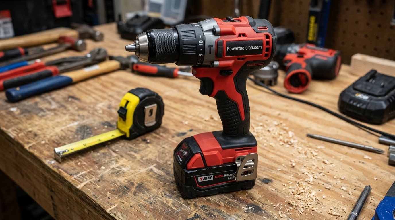 Close-up of a brushless drill driver and battery pack resting on a workbench beside a tape measure