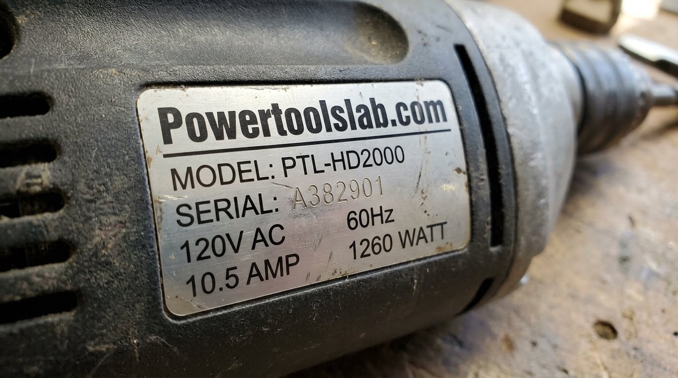 Close-up of a tool rating plate showing the amp, volt, and watt markings