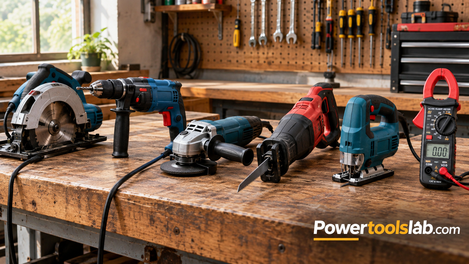 Corded power tools lined up on a workshop bench with an amp clamp meter