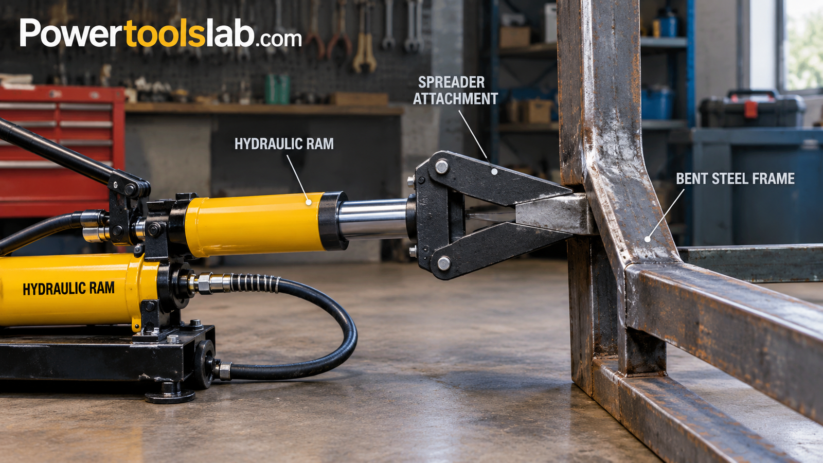 Hydraulic ram with spreader attachment pushing a bent steel frame back into shape