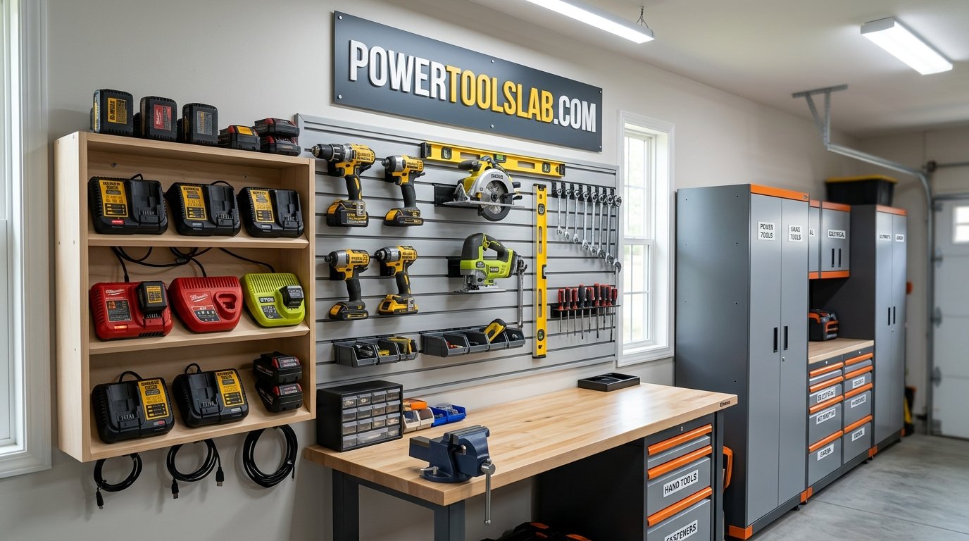 Neatly organized garage with wall-mounted power tools, a battery charging shelf, and labeled storage cabinets