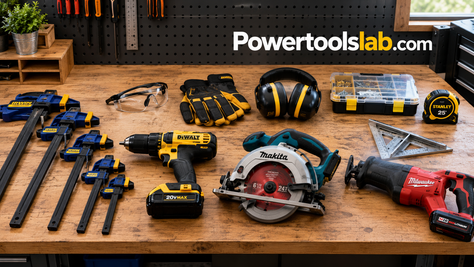 Organized workbench with clamps, safety gear and power tools laid out