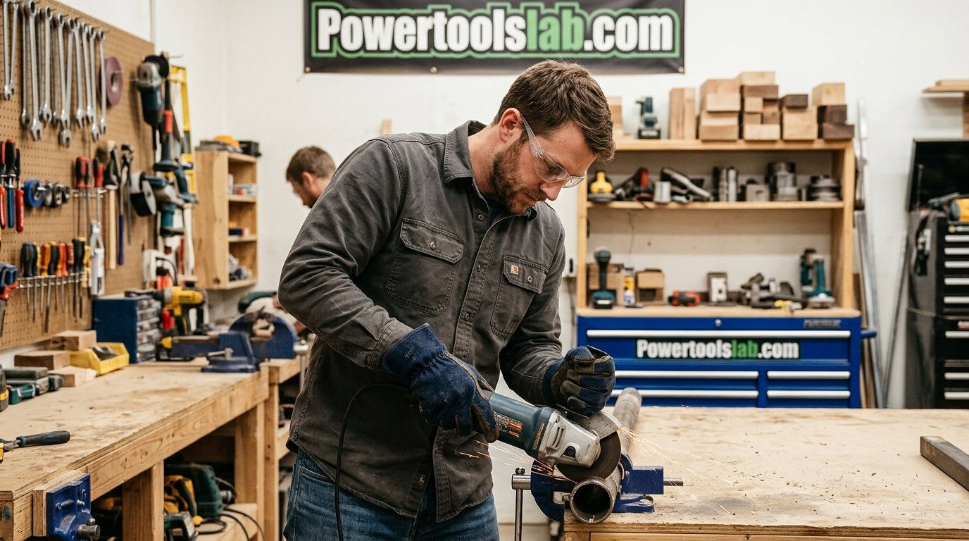 Person wearing safety glasses and gloves using a power tool in a workshop