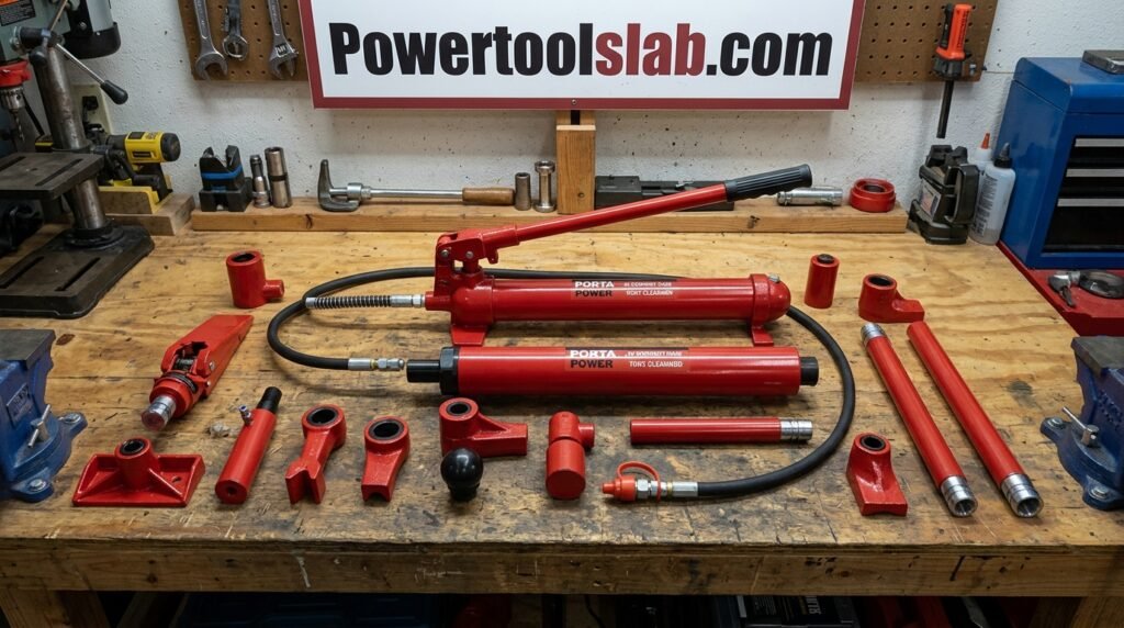 Porta power hydraulic ram kit laid out with hose, pump and attachments on a workshop bench