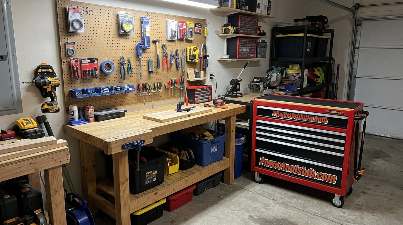 Workbench zone in a garage with pegboard, a drill holster, and a rolling tool chest